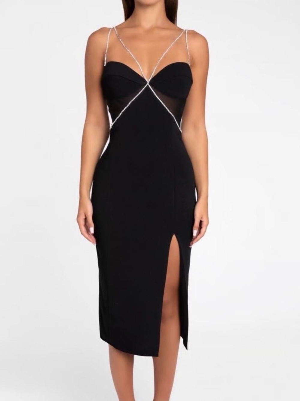 Shinny Strap Black Midi Dress with Side Slit